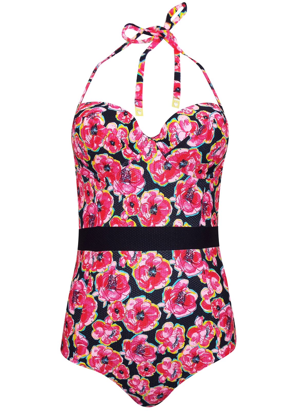 T0PSHOP PINK Poppy Print Bandeau Swimsuit - Size 6 to 14